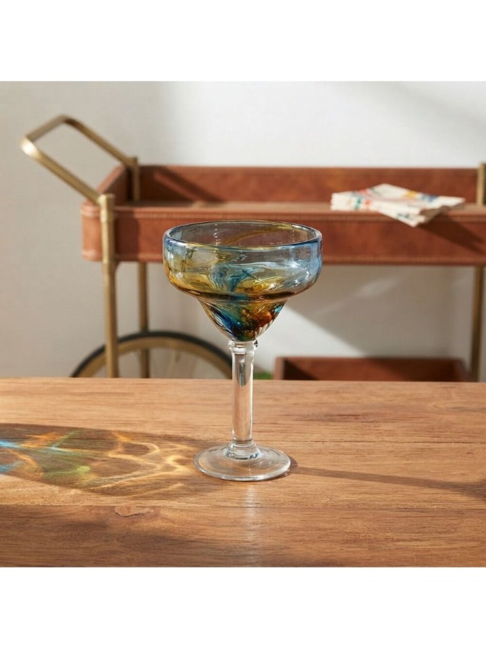 Vintage Pier 1 Hand Blown Blue Amber Swirl Ombre Margarita Glass Barware